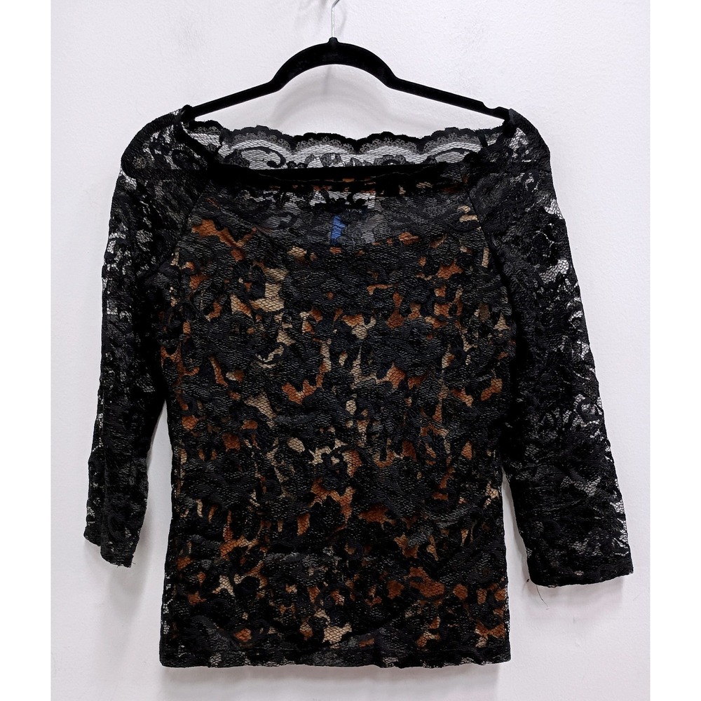 Andrea Behar Boston Proper Top Womens Medium Black Lace Leopard Print 3/4 Sleeve